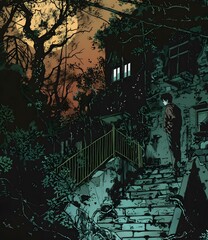 Wall Mural - Man Standing at the Top of the Stairs Looking Towards an Old House at Dusk