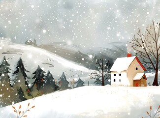 Sticker - Winter Landscape with a Small House Illustration