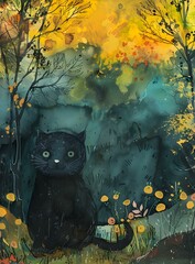 Canvas Print - Black Cat Watercolor Illustration In Autumn Forest