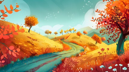 Wall Mural - Autumn Landscape with Winding Road and Trees