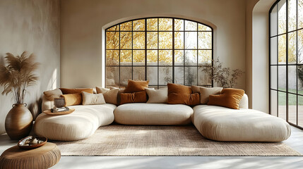 Wall Mural - Cozy living room with a large sectional sofa and warm autumnal decor.