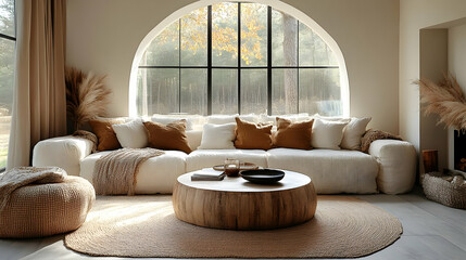 Wall Mural - Cozy living room with a large sectional sofa, wooden coffee table, and natural decor.