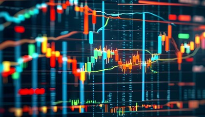 Wall Mural - Dynamic 3D Financial Chart with Growing Candlesticks on Digital Forex Market Screen During Nighttime, Emphasizing Investing and Stock Market Concepts