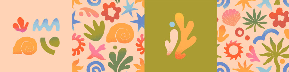 Wall Mural - vector summer cards.nature elements and seamless patterns.palm,sun,coral,seashell,wave.trendy design