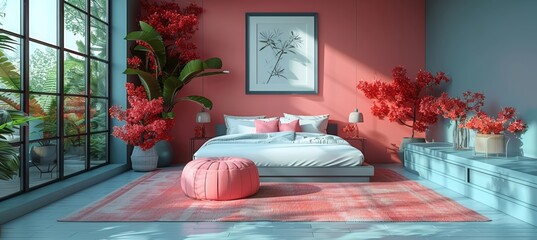 Poster - home decor sale banner with beds, couches, armchairs on pastel background, 3d render