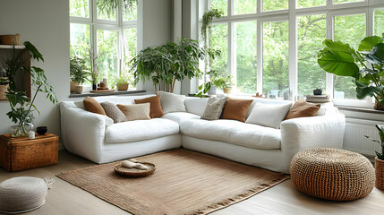 Wall Mural - Cozy living room with a sectional sofa, plants, and natural light creating a serene atmosphere.