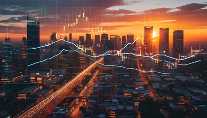 fusion of business charts and urban skyline at sunset - merging analytics with city landscape for fi