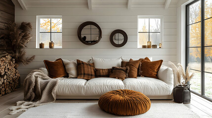 Wall Mural - Cozy living room with a white sofa, decorative pillows, and warm autumnal accents.