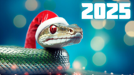 Happy New Year 2025. Snake in santa claus hat on light pink background, christmas bokeh background