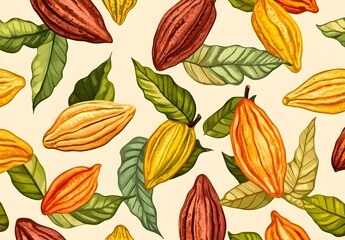 Wall Mural - Watercolor Cacao Pods with Leaves Seamless Pattern