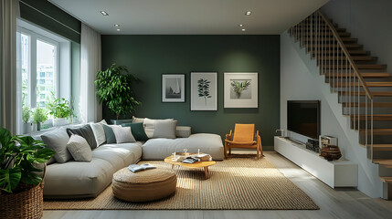 Wall Mural - Cozy living room with green walls, plants, and modern furniture for relaxation.