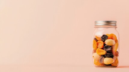 A jar filled with a variety of dried fruits, including apricots, cherries