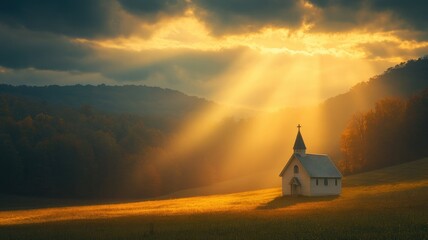 Wall Mural - Beautiful sunrise over the small church in the mountains. Golden light.