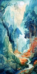 Wall Mural - Watercolor Illustration of a Fantasy Forest Landscape with Blue and Green Mountains, Trees, and a River