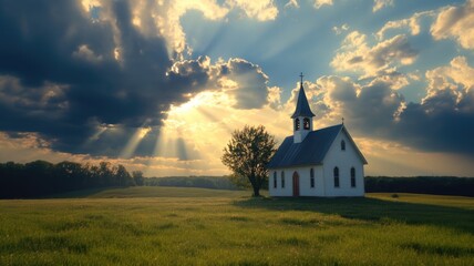 Wall Mural - Church in the field at sunset with rays of light coming through the clouds.