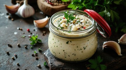 Homemade garlic sauce in a jar with a red lid, set against a rustic table, garnished with fresh garlic and herbs for a culinary presentation