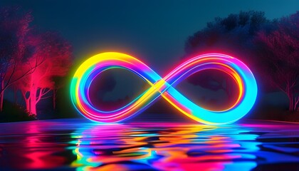 Canvas Print - Futuristic Neon Infinity Symbol Glowing with Energy on Reflective Surface in Night Setting