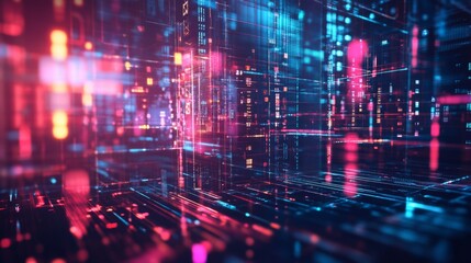 Fototapete - Complex data streams in an abstract environment, glowing circuits and geometric patterns forming a high-tech digital backdrop,