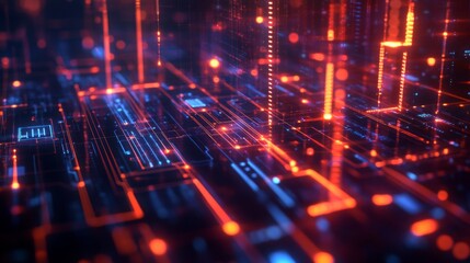 Fototapete - Digital circuits and data points in an abstract web, glowing lines and geometric shapes forming a vibrant high-tech background, futuristic atmosphere