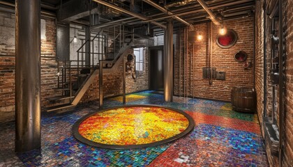 Wall Mural - Industrial Interior with Colorful Mosaic Floor.