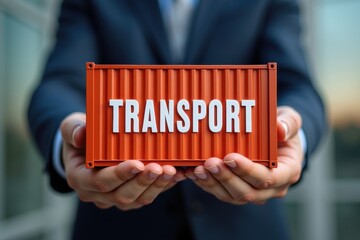 A container with the word Transport on it sits in the hands of a businessman. Generative AI