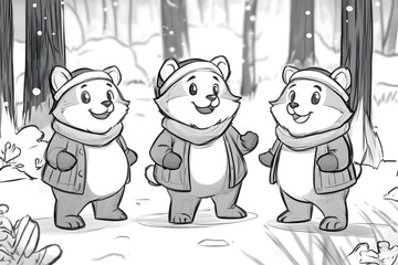 Sticker - Three Cute Bears in Winter Forest Illustration