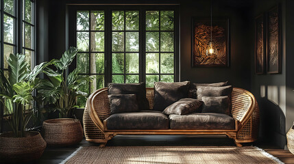 Wall Mural - Cozy living space featuring a rattan sofa, plants, and natural light.