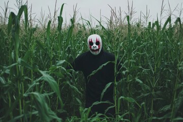 In a cornfield, an unidentified person wears a masquerade mask and costume and looks at the camera