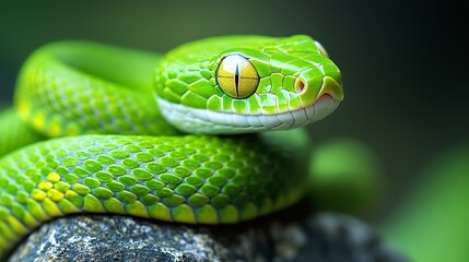 Wall Mural - detailed closeup of a green jungle snake resting on a rock, showing its exotic scales and slithering