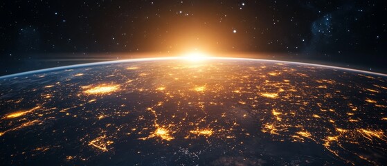 Satellite hovering over a city at night, capturing detailed lights and glowing streets, with the dark sky and stars enhancing the futuristic vibe