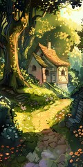 Poster - Cottage in a Forest with a Stone Path