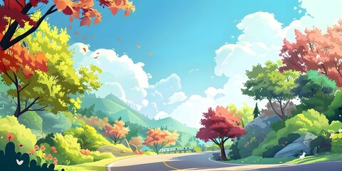 Wall Mural - Beautiful  Autumn Road Landscape Illustration