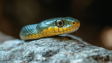 Wall Mural - detailed closeup of a green jungle snake resting on a rock, showing its exotic scales and slithering