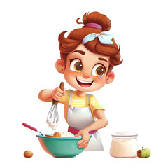 Cheerful girl baking in the kitchen, stirring cookie dough with a whisk in a bowl. Cartoon illustration of a happy young chef.