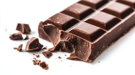 A close-up of a chocolate bar with a bite taken out of it, revealing its smooth and creamy interior, set against a clean white background for a tempting appeal.