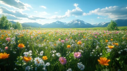 A vibrant flower field with mountains under a clear blue sky.