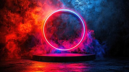 Podium background 3D light tech stage future platform game abstract. Podium 3D background technology room product circle glow effect portal stand studio scene white design ring modern display space