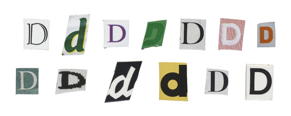 Set of isolated cut-out letter “D” from magazines on a transparent background, retro y2k style