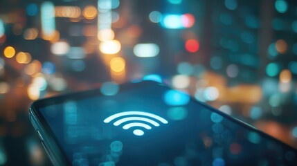 Poster - A close-up of a modern smartphone displaying a strong Wi-Fi signal icon, with a blurred background of a bustling cityscape, emphasizing wireless connectivity.