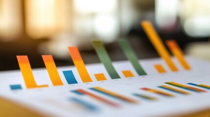 A close-up of a printed bar graph with colorful segments, highlighting financial performance and business metrics in a conference room setting.