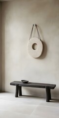 Wall Mural - Minimalist Interior Design with a Stone Sculpture and Wooden Bench