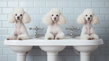 Three Poodles Styled and Groomed in Modern Salon, Perfect Pet Grooming, Elegant Dog Salon, Chic Canine Care, Fluffy Poodles with Sophisticated Hairstyles, Pet Care and Grooming Concept