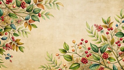 Floral botanical featuring intricate leaves and berries on a beige background, botanical, floral,leaves, berries