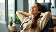 © PRIYO DWI SAPUTRO - Calm smiling businesswoman relaxing at comfortable office chair hands behind head, happy woman resting in office satisfied after work done, enjoying break with eyes closed, peace of mind, no stress.