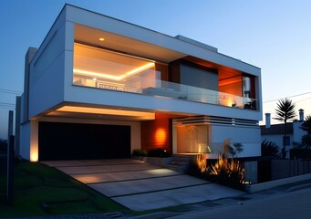 Modern House Exterior with Glass Balconies and Garage