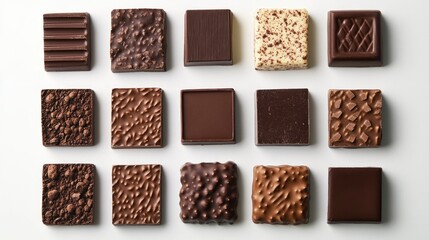 A close-up of a variety of chocolate squares and bars arranged neatly on a white background, showcasing different textures and shades of rich chocolate.