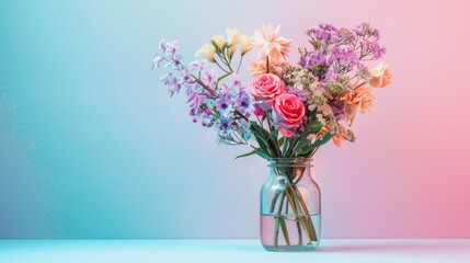 Colorful bouquet of flowers in a glass vase against a pastel background