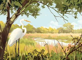 Wall Mural - White Egret Standing Under Tree With Pond in Background