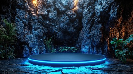 Podium background 3D light tech stage future platform game abstract. Podium 3D background technology room product circle glow effect portal stand studio scene white design ring modern display space