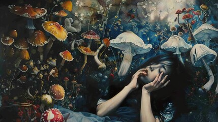 Wall Mural - A young woman reclines amidst a surreal landscape of glowing mushrooms and ethereal light.